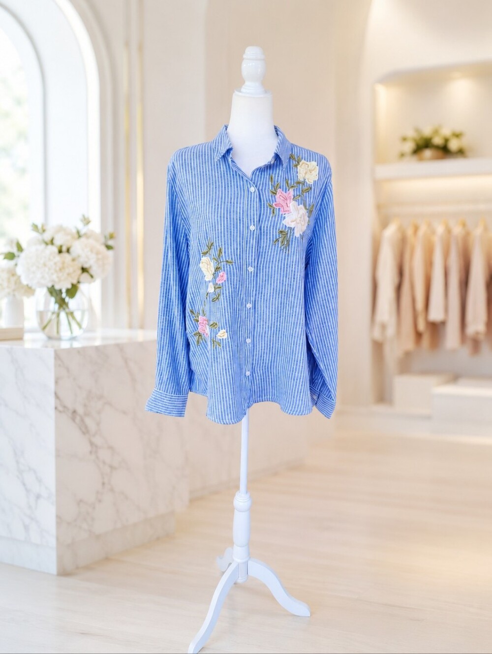 NWT Style & Co XL Blue Stripe Floral Embroidered Linen Blend Button Shirt